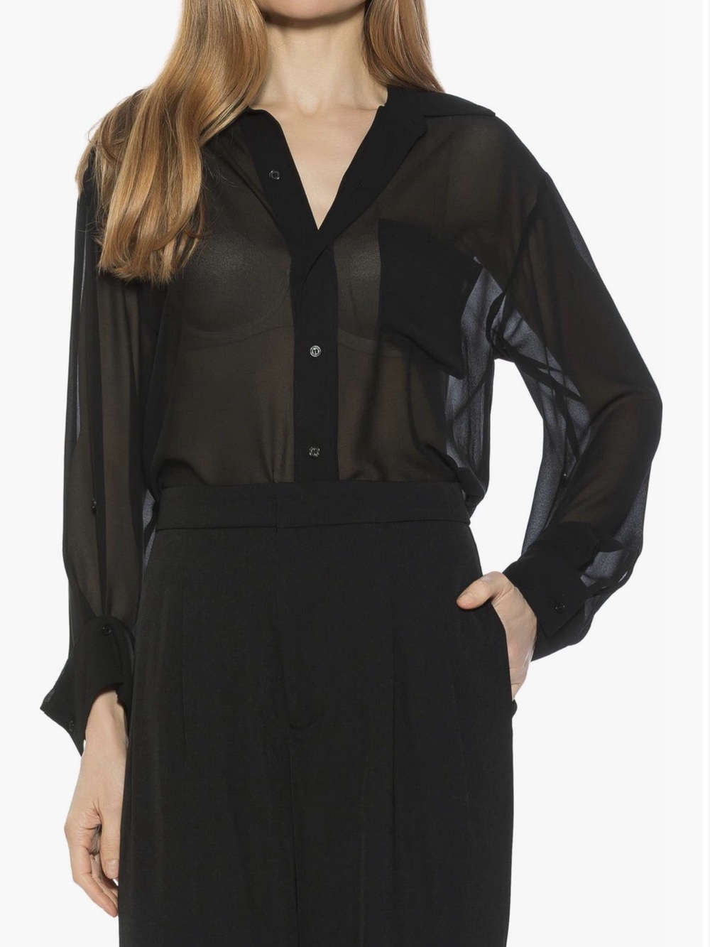 New Alexia Admor Sheer Black Button-Front Blouse - Women. Size Medium. Black.